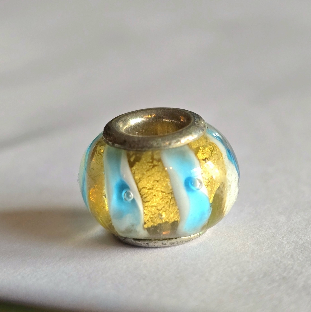 Glass bead large core for charm bracelet yellow blue clear